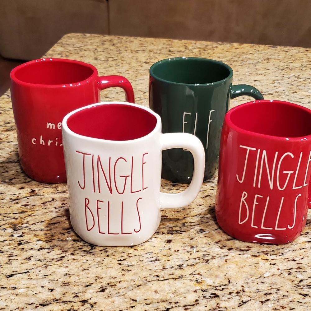 Rae Dunn 4 Pc Christmas Holiday Coffee Mug Lot ... Jingle Bells, Merry Christmas